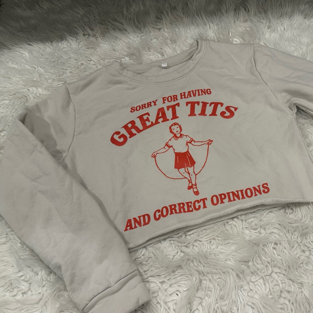 Graphic Beige Crop top Sweatshirt with Red Print